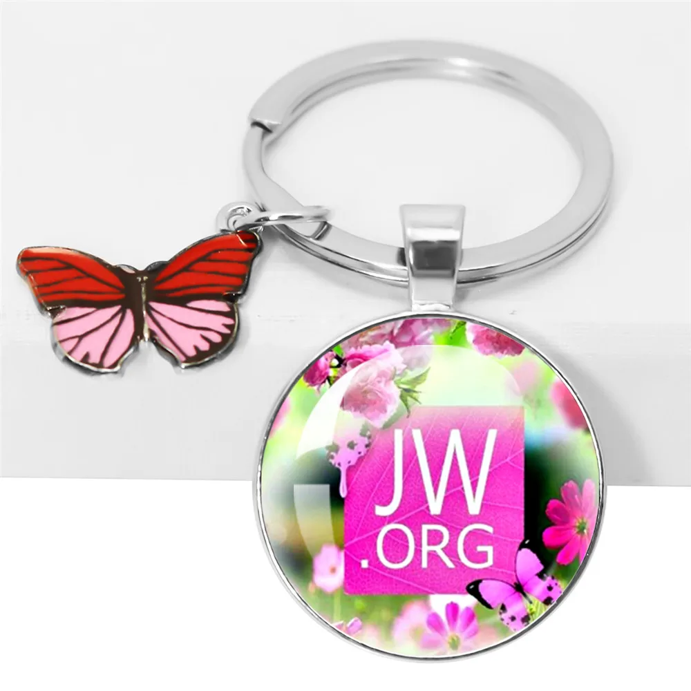 Jw.Org Keychain Jehovah\'S Witness Butterfly Flowers Art Printed Photo Metal Glass Pendant Keychain Butterfly Accessories Jewelry