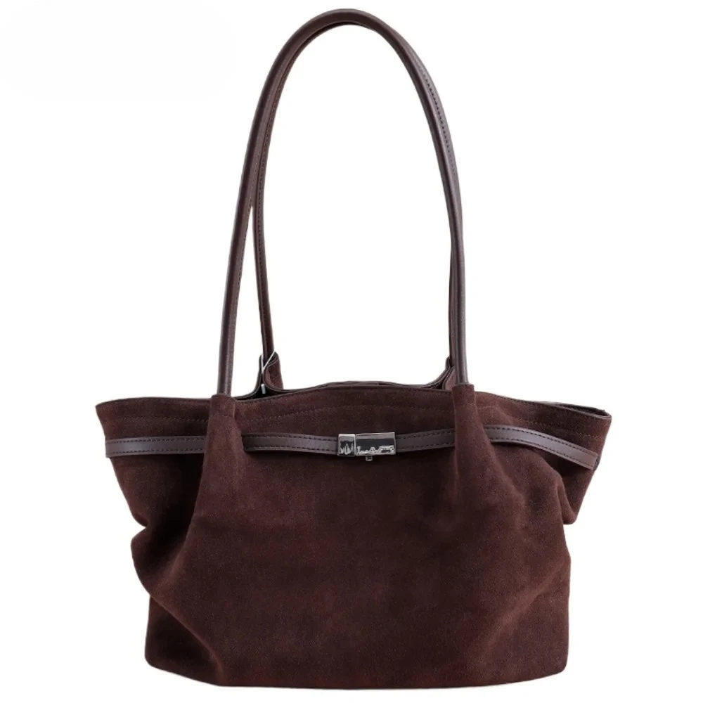 

Сумка-тоут трапециевидной формы в расслабленном стиле, кофейного цвета, из матовой коровьей кожи, женская сумка через плечо для поездок на работу, замшевая, в стиле ретро, повседневная женская сумка