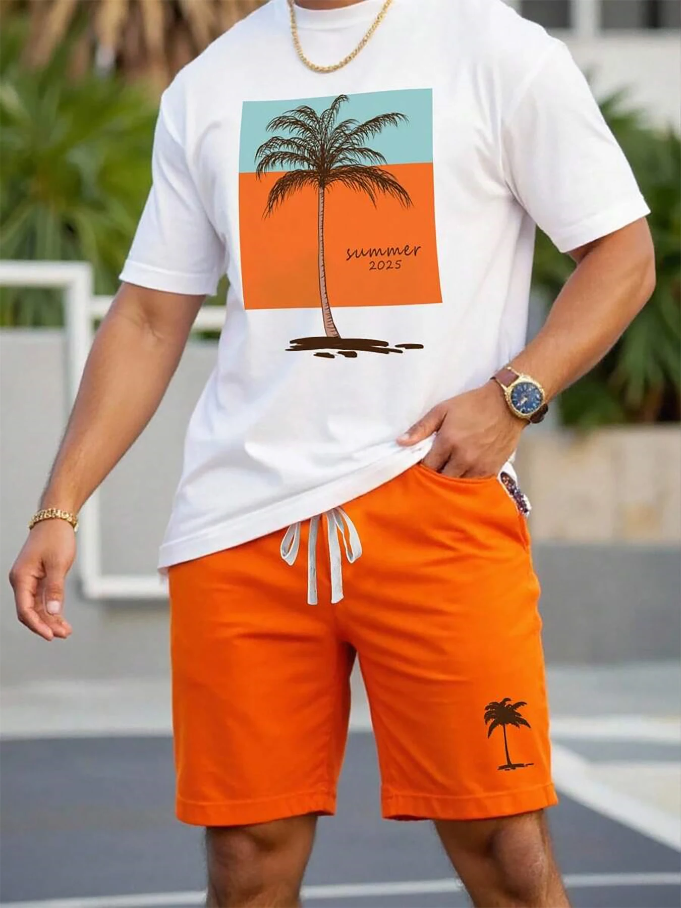 

Summer Men's Casual 2 Piece Set Palm Tree Print T-Shirt + Orange Drawstring Shorts Beach Vacation Outfit