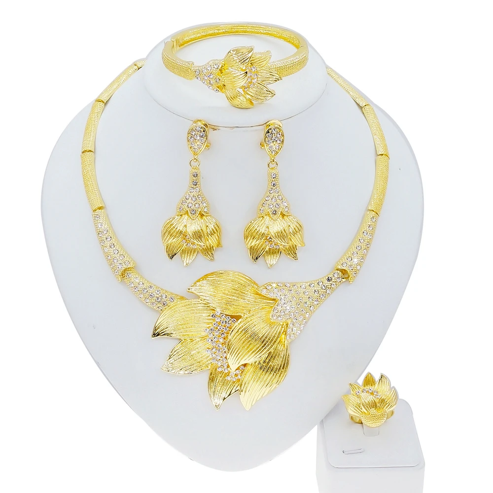 

Fashionable women's flower jewelry set 24K gold-plated earrings necklace and ring four-piece jewelry set