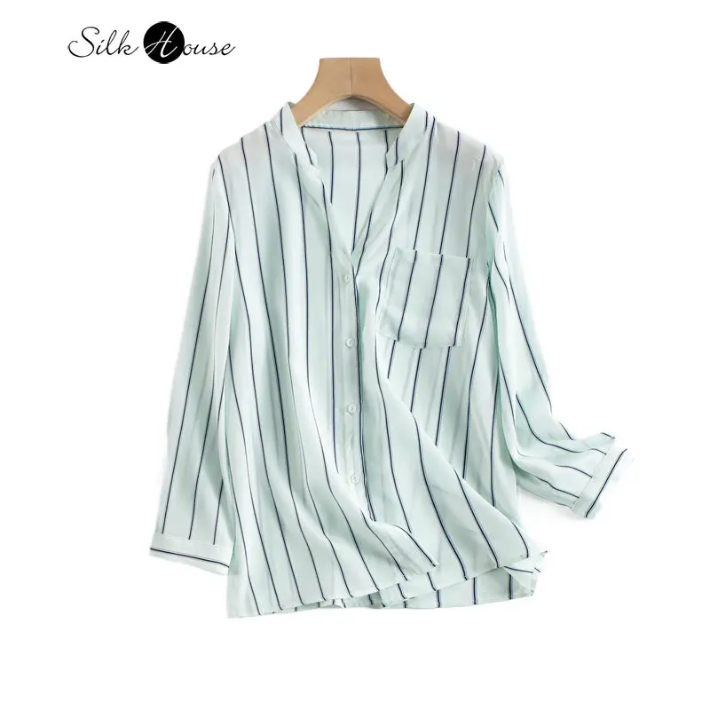 

03Crepe De Chine Spring/Autumn Light Luxury Temperament V-neck Silk Mulberry Silk Top Blue Stripe Casual Versatile Women's Shirt