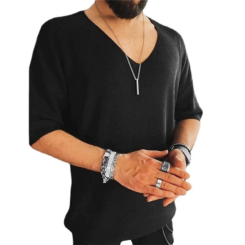 

Men's Summer and Autumn Short sleeved Top Luxury Fashion Elegant Casual V-neck Knitted Shirt Men's T-shirt