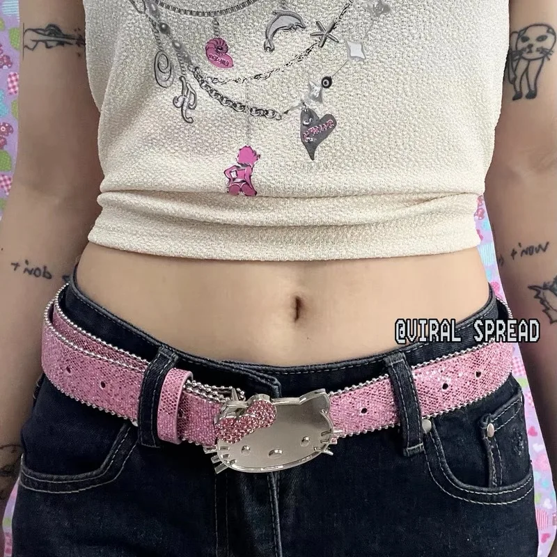 Y2K Star Belt Rhinestone Metal Buckle for Girls' Millennium Ins Fashion Pink Leather Jeans American Retro Waistband Bride Decor