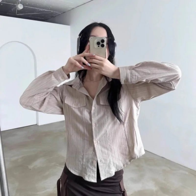 Korean Vintage Vertical Stripes Blouses Y2k Grunge Single Breasted Shirts Women 2024 New Long Sleeve Loose Blusas Mujer