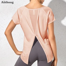 Aiithuug Mesh Back Dovetail Split Beauty Back Yoga Top Round Neck Fast Drying Sports Wear Breathable Gym Workout Pilates Shirts