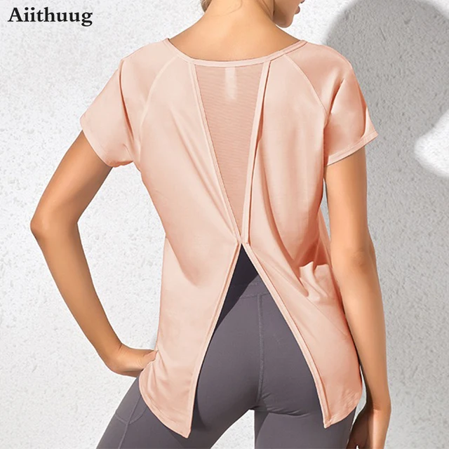 Aiithuug Mesh Back Dovetail Split Beauty Back Yoga Top Round Neck Fast Drying Sport Wear Breathable Gym Workout Pilates Shirts