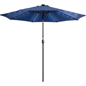 Guarda-chuva de pátio iluminado por 32 LED de 9 pés com energia solar, guarda-chuva de mercado de mesa com manivela e botão de inclinação para Ga