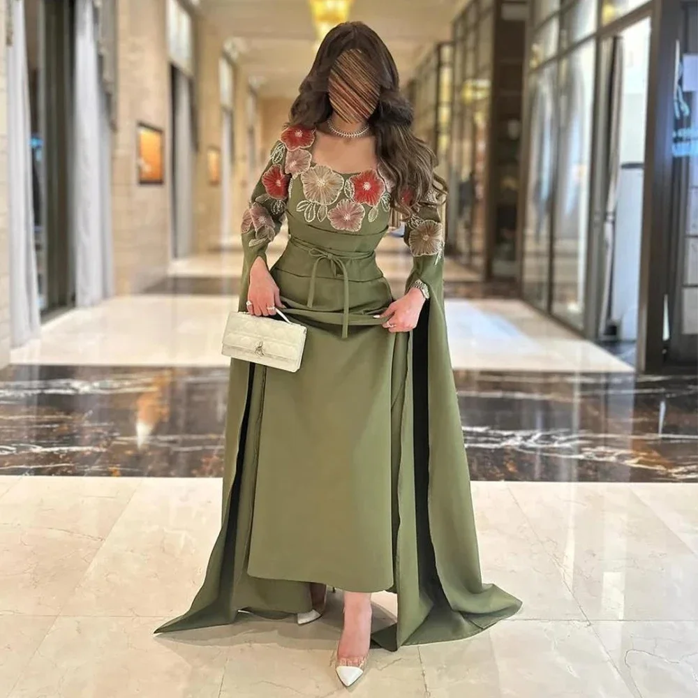 

Vintage Flower Applique Evening Dress Square Collar A-Line Floor Length Sleeve Women Customized Occasion Party Formal Gown