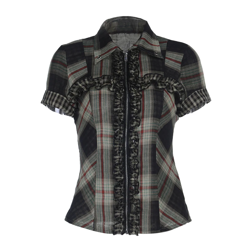 Lilac XN Y2K Vintage Plaid Ruffle Short Sleeve Slim Shirts Blouse Fashion Zipper Lace-up Corset Tops Women Summer Streetwear