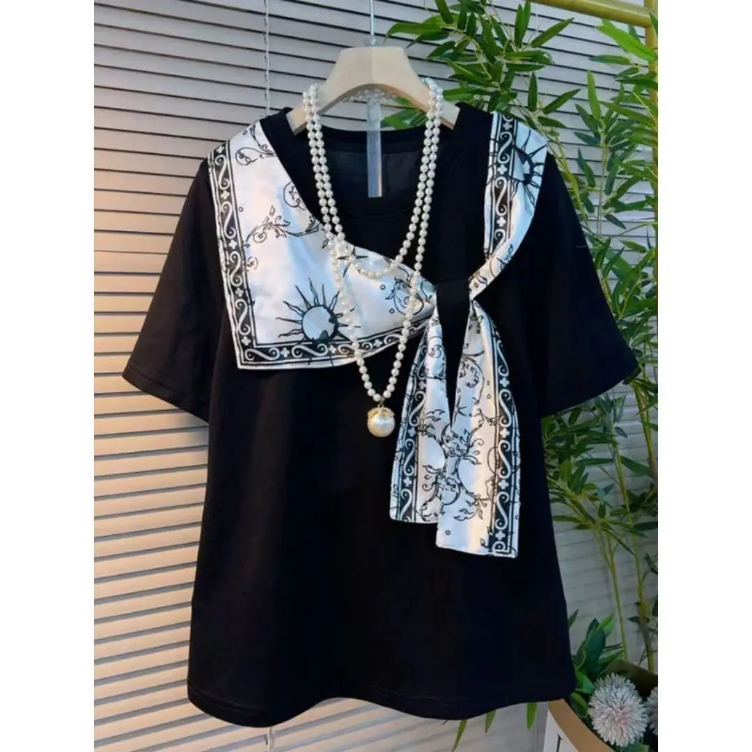 Large Size Women's Clothing Summer New Elegant Style Loose and Thin Silk Scarf Splicing Round Neck Short-sleeved T-shirt