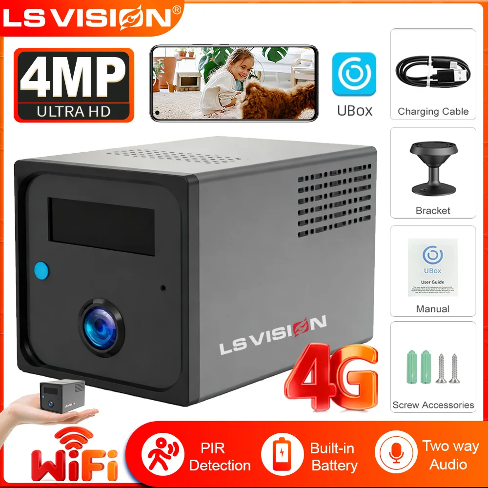 

LS VISION 4MP Mini Battery Camera 4G/WiFi Indoor Security Camera Wireless Surveillance Cameras CCTV Night Vision PIR Detection