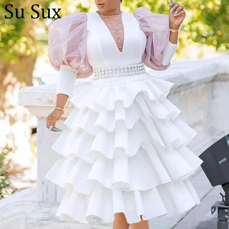 Evening Party Dress Women White Maxi Dress Puff Sleeve Mesh Patchwork Cute RufflesTiered Layered Long Dress Vestidos Nightclub