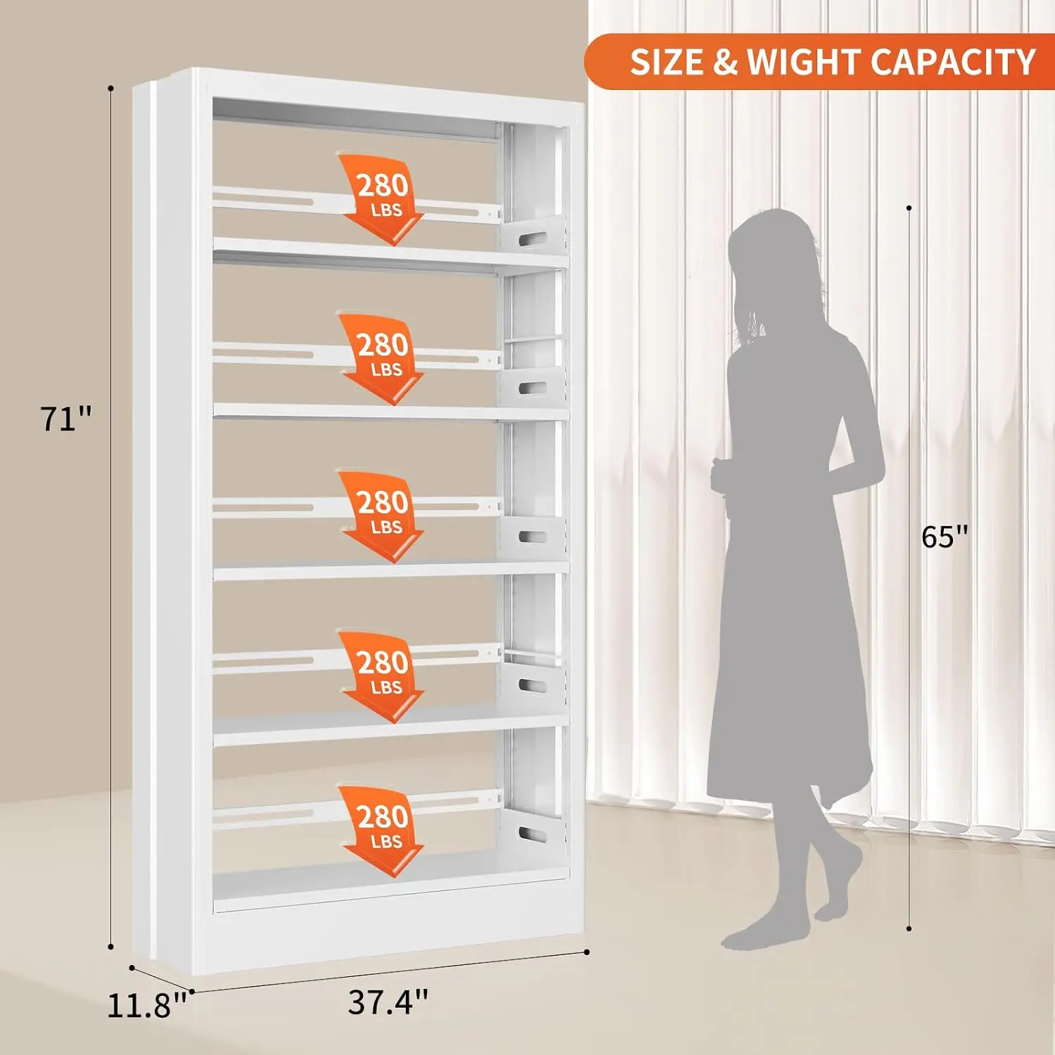 White 71 Inch Tall 5 Tier Heavy Duty Metal Open Bookshelf Adjustable Storage Shelves Book Stopper Library Living Room Office