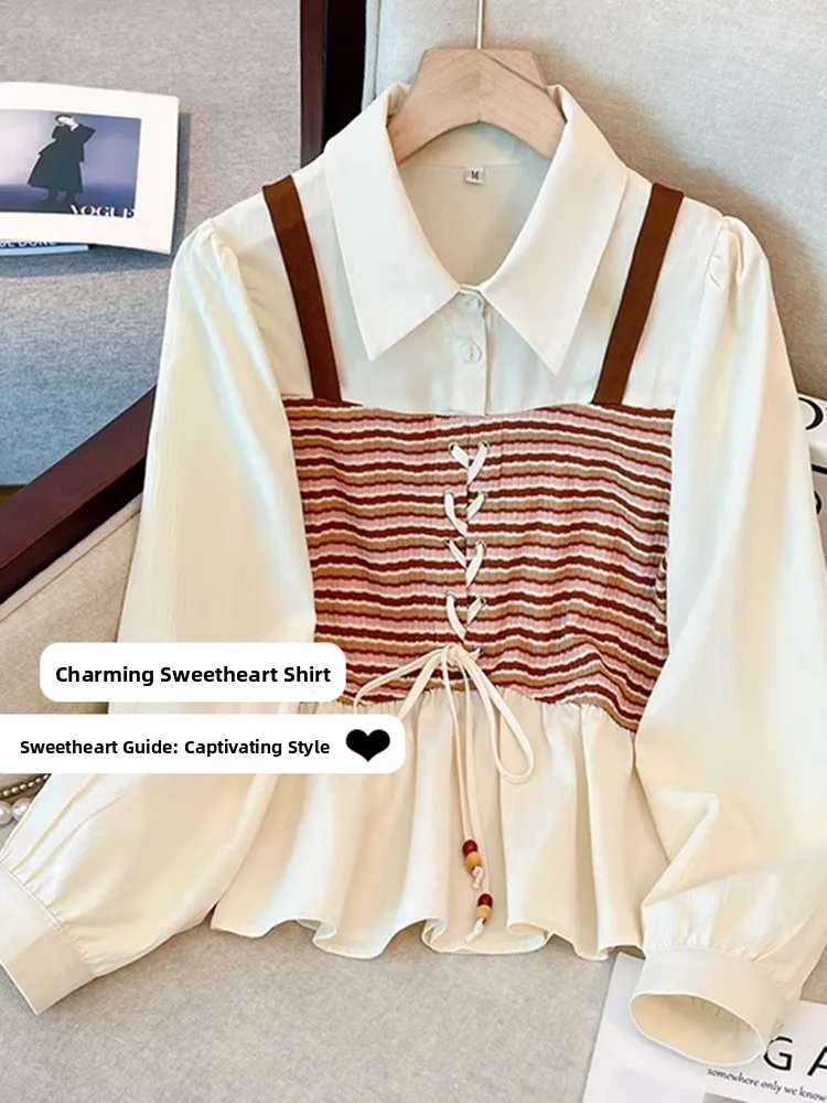 

Slimming Striped Patchwork Long Sleeve Shirt Women's Spring Large Size Fashionable Korean Style Casual Comfortable Top