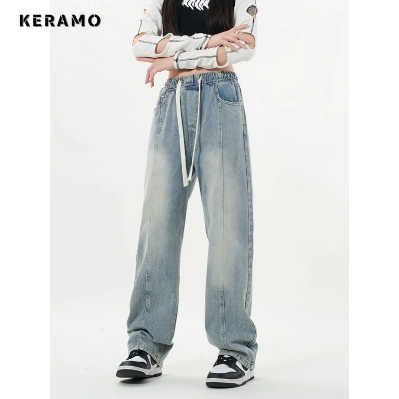 Harajuku Vintage Drawstring High Waist Loose Jeans Pants 2023 Winter Women's Y2K Wide Leg Baggy Streetwear Style Denim Trouser