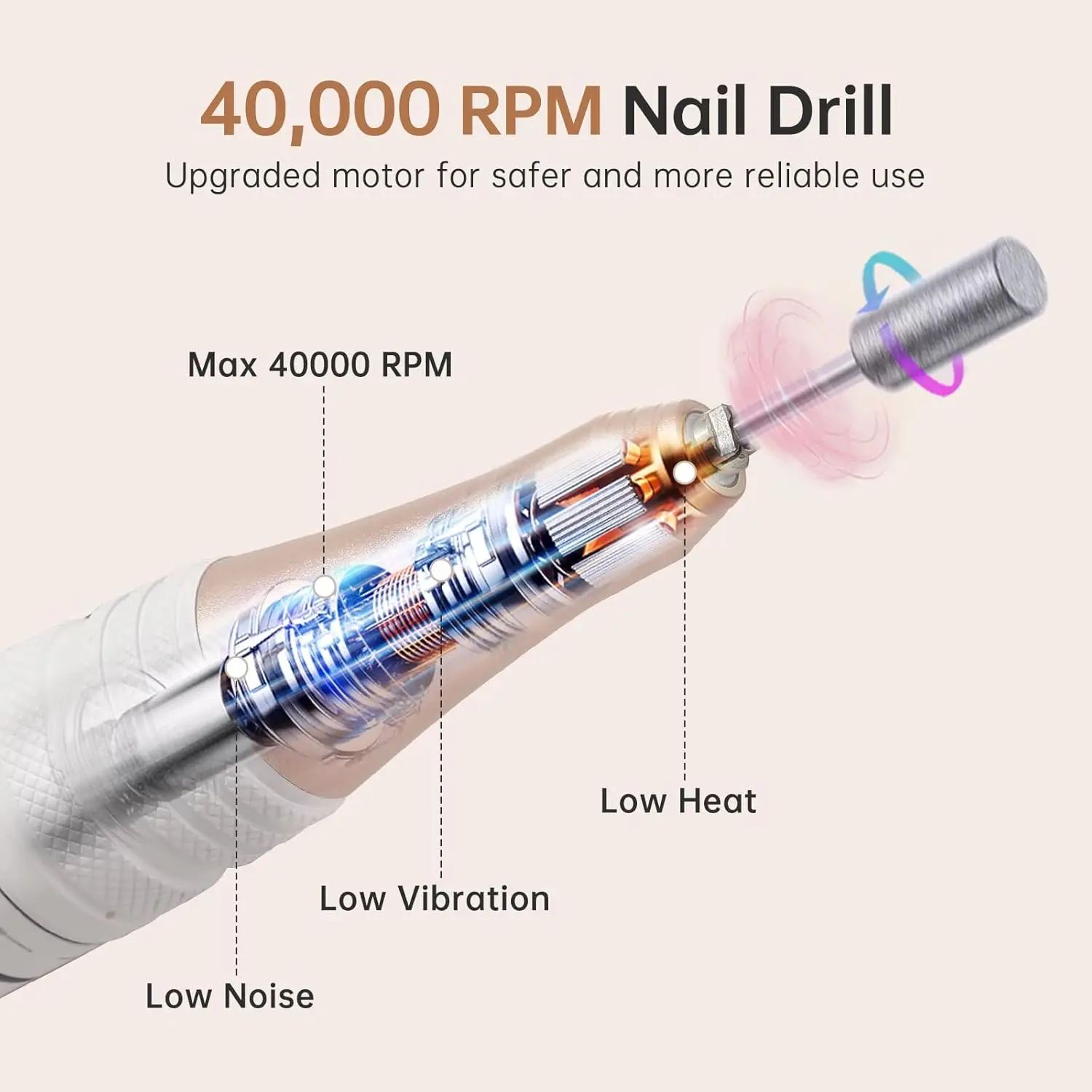 مثقاب أظافر كهربائي، 40000 دورة في الدقيقة، قابل لإعادة الشحن مع 12 قطعة لأظافر الأكريليك والجل، مجموعة ملفات إلكترونية (AB White Diamond) #4