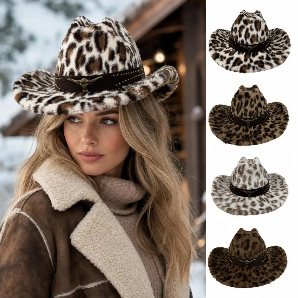 Retro Wide Brim Faux Fur Cowboy Hat Windproof Leather Band Cowboy Hat Rivet Ornament Soft Leopard Print Hat Autumn Winter Wear