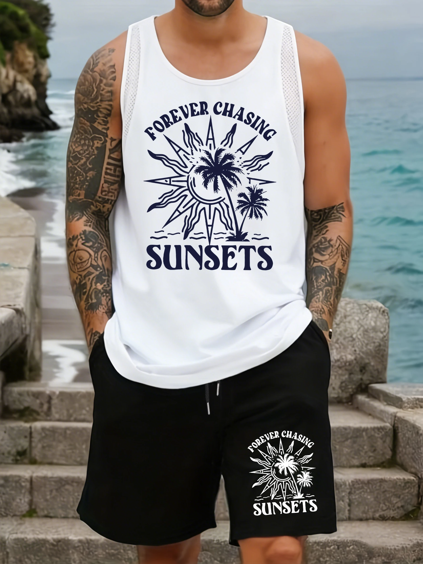 Forever Chasing Sunset Design Men Mesh Tank Tops Sets Fitness Summer Top Crewneck Sleeveless Vest Wide-Leg Pocket Shorts