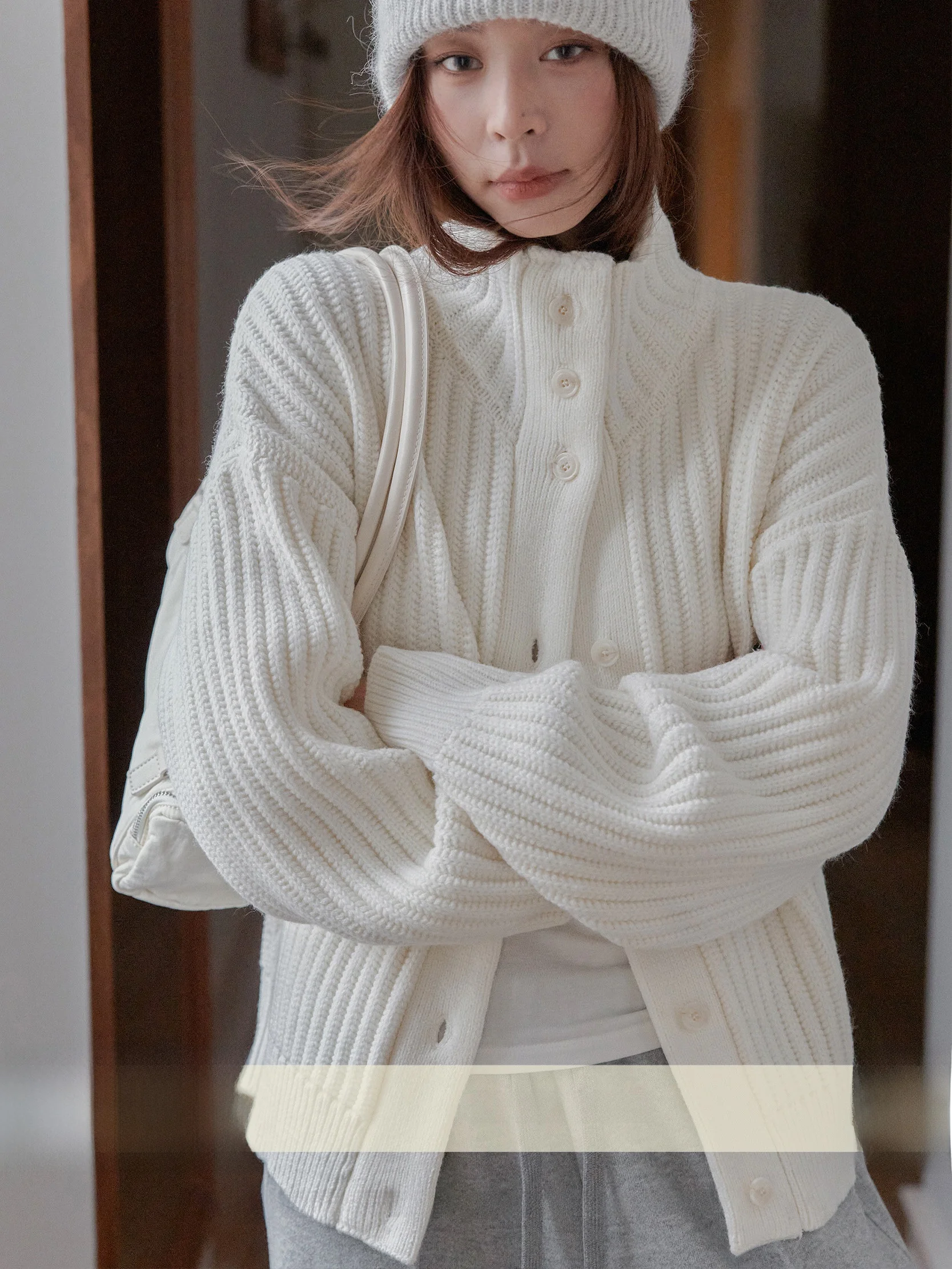 

VNOOK Теплый шерстяной свитер с воротником-стойкой в полоску, женский, зимний, новый, однотонный, в корейском стиле, шерстяной кардиган...