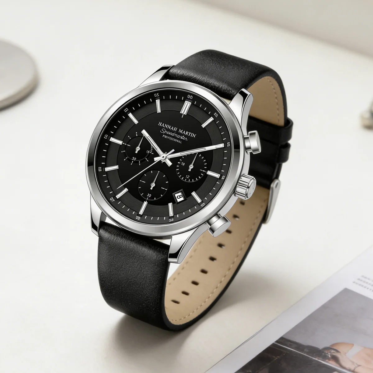 Relogio Masculino Black Leather Men Watch 41mm Multifunctional Timing Dial 3Bar Waterproof Quartz Movement Sports Watch for Men