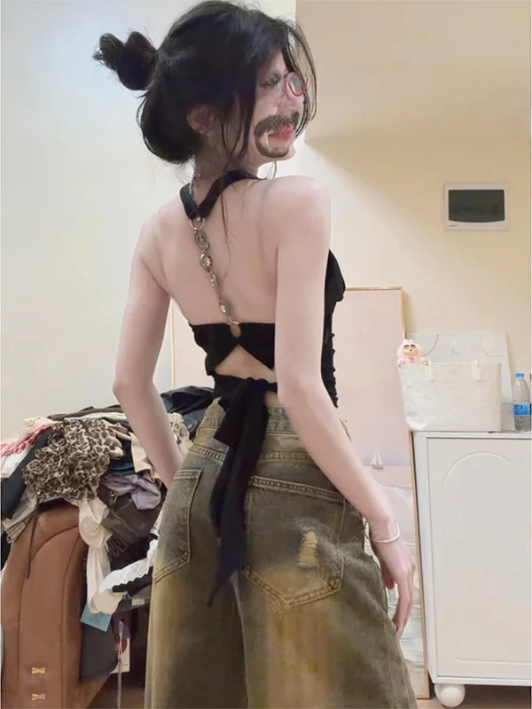 Sexy Backless Hollow out Strap Design Women's Top Summer Pure Desire Spicy Girl Trendy Hollow out Sleeveless Back Design