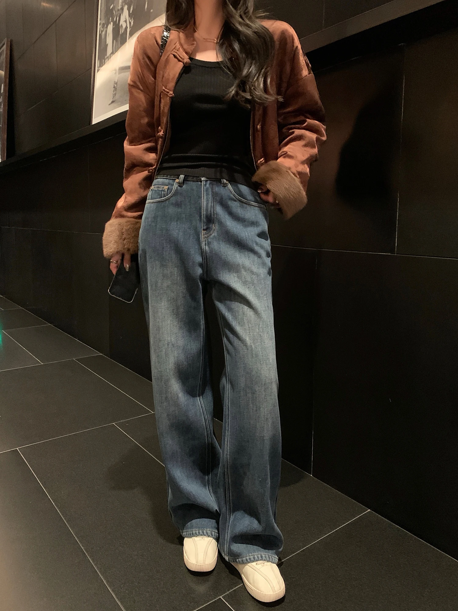 

Lilylikes, уютные прямые джинсы на подкладке, джинсовые брюки с завышенной талией, женские весенние эластичные синие джинсы из раннего хлопка