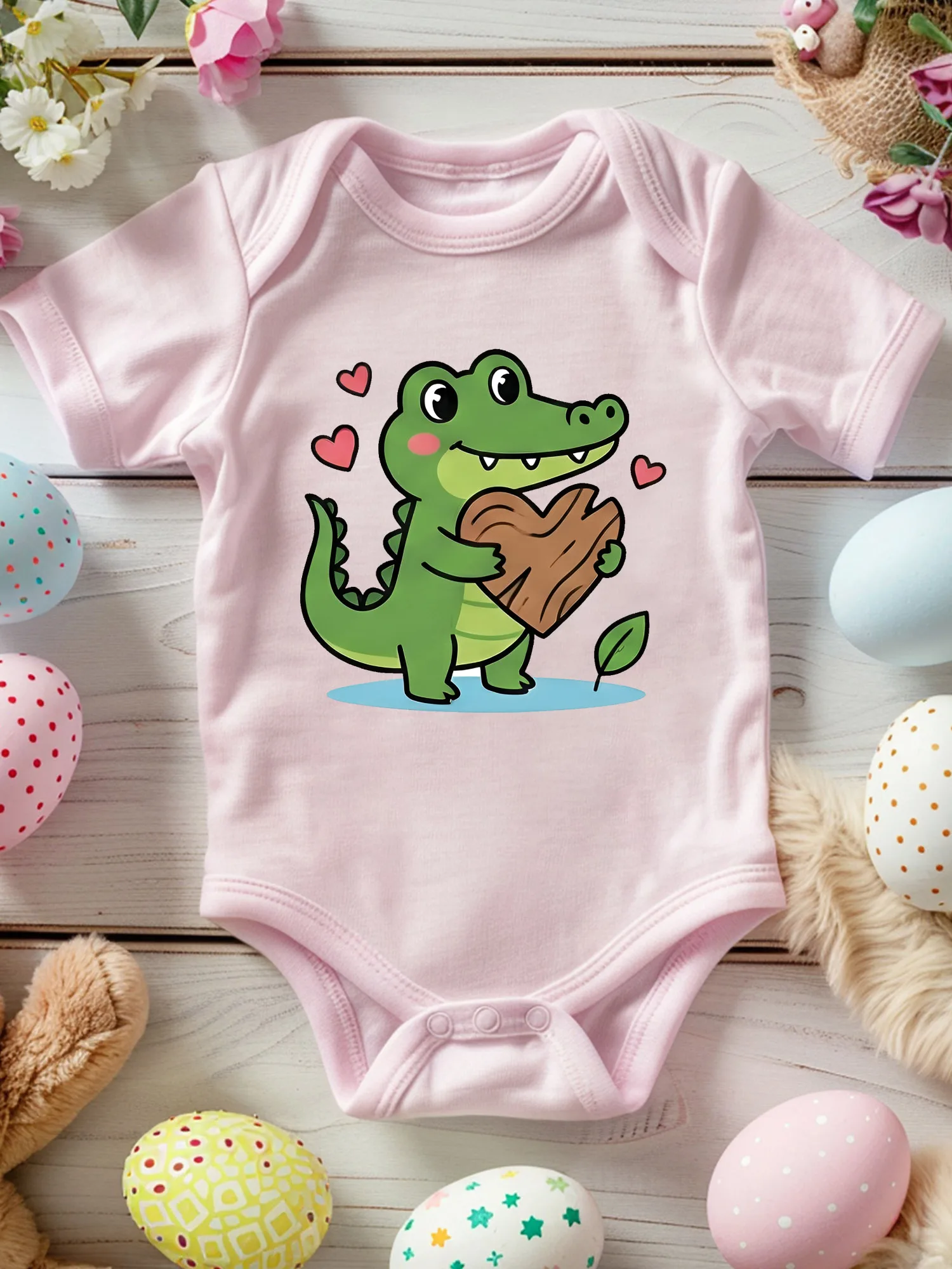 

Crocodile With Wooden Heart Unisex Baby Crawling Suit, 100% Cotton Soft Onesie, All-Season Wear Pink Bodysuit 190GSM