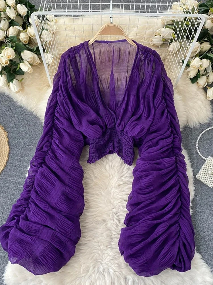 

Summer Sexy Draped Chiffon Blouse For Women Elegant V-Neck Puff Long Sleeve Short Tops Female Slim Party Shirts 2026 New Fashion
