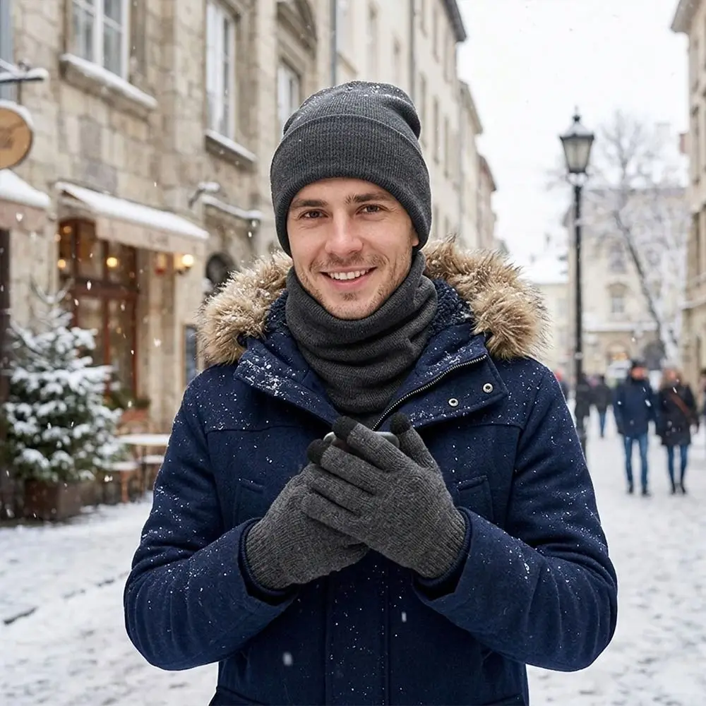 3Pcs/Set Warm Winter Hat Scarf Gloves Set Thicken Windproof Scarf Neck Warmer Elastic Soft Touchscreen Gloves for Men Women