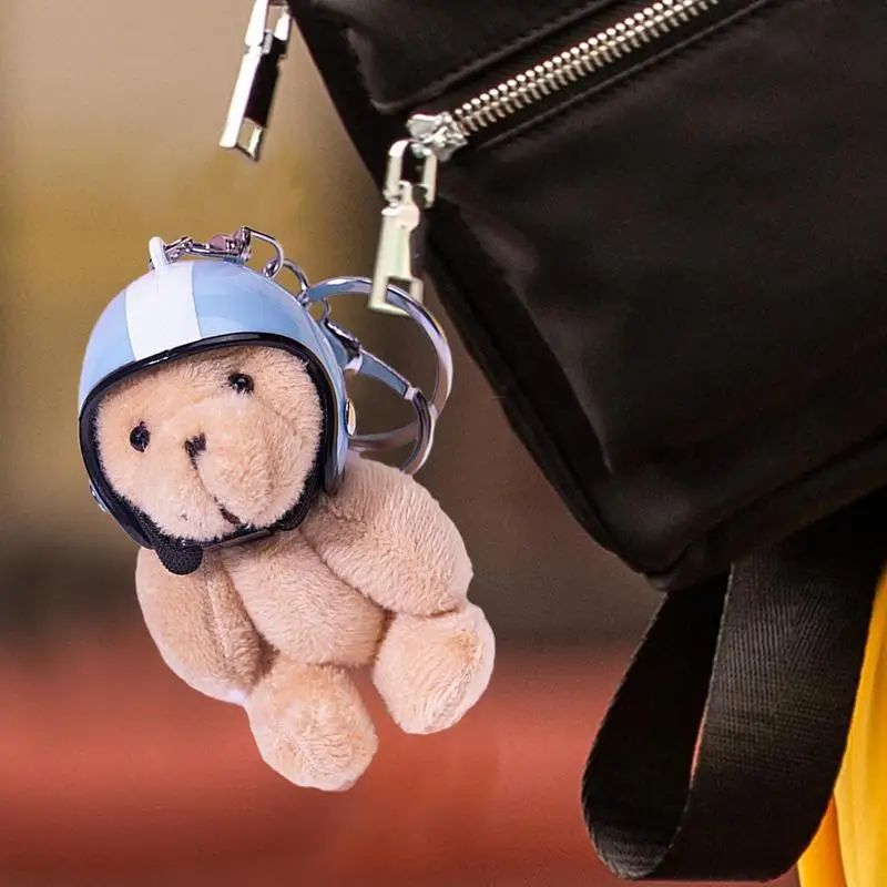 Plush Bear Keychain Bear Wearing Motorcycle Hat Stuffed Animals Keyring Pendant Animal Key Ring Hang Ornament Furry Backpack