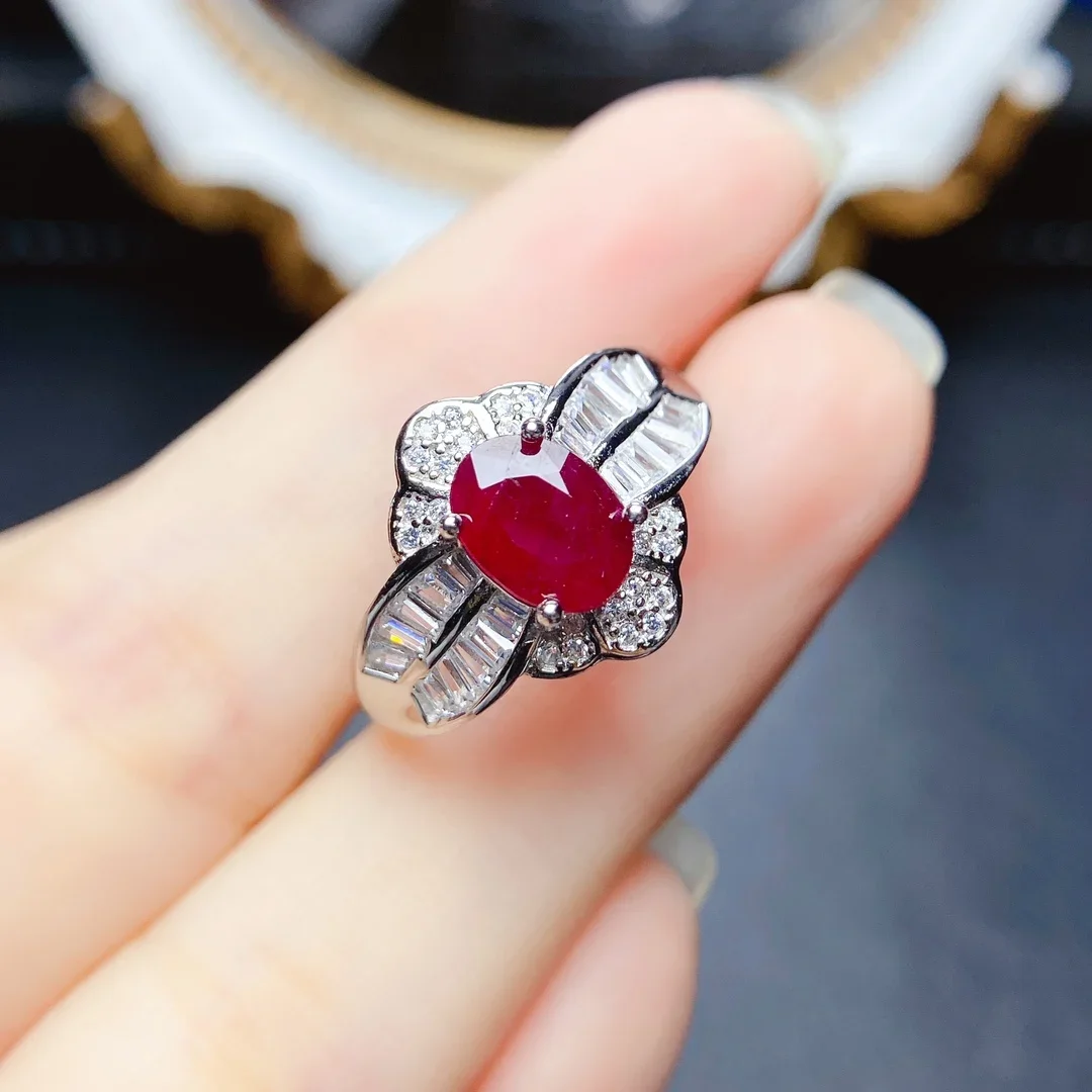 

FS S925 Sterling Silver Inlay Natural Ruby Ring Certificate Fashion Fine Charm Weddings Jewelry for Women MeiBaPJ