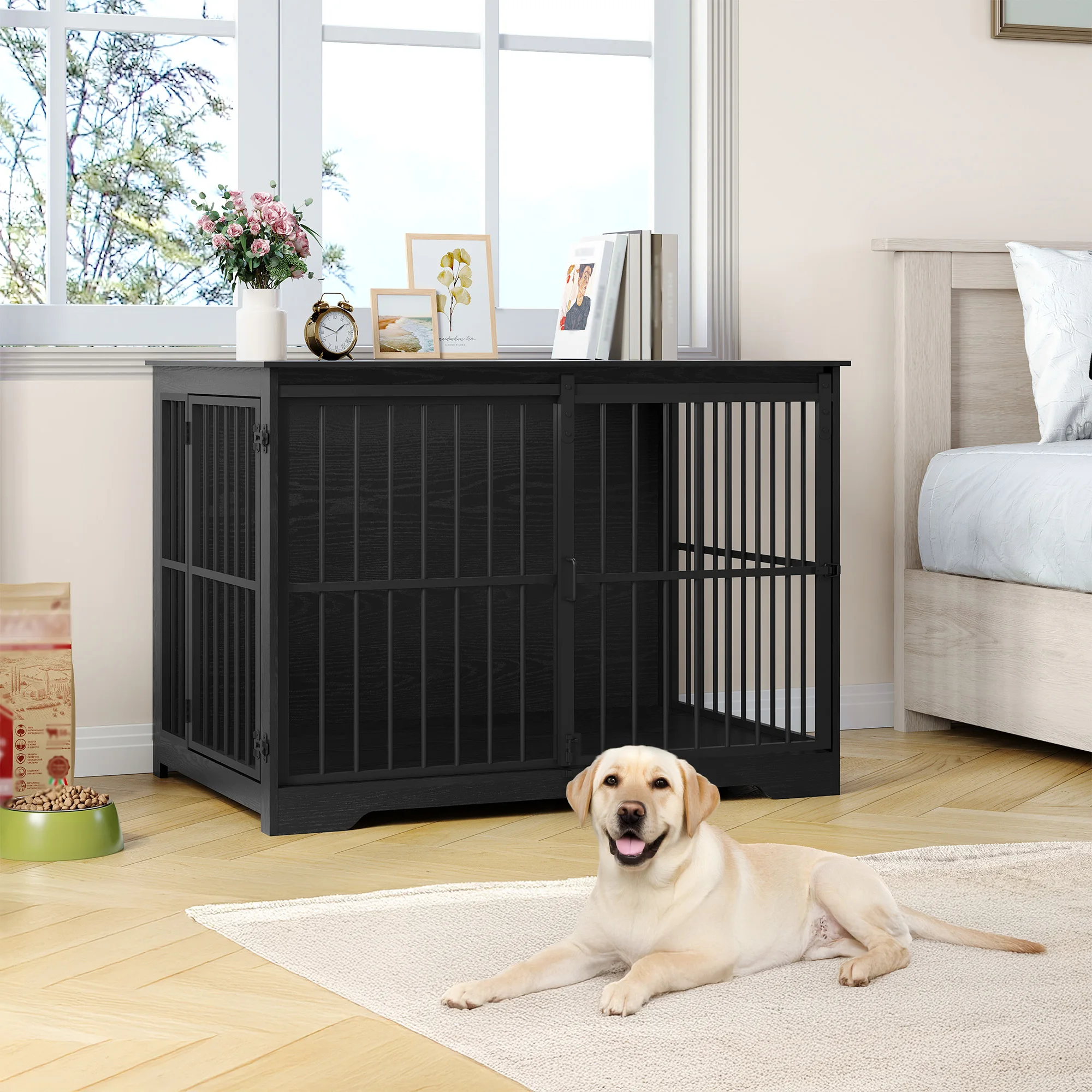Modern 110cm Black Furniture-Style Dog Kennel Dual Reinforced Sliding Doors Indoor Dog Cage Side