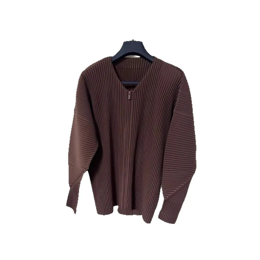 Miyake Spring Autumn Winter 2025 Men's Pleated Crew Neck Jacket Pleated Casual Long Sleeve V-Neck Plisse Zipper Jacket Men