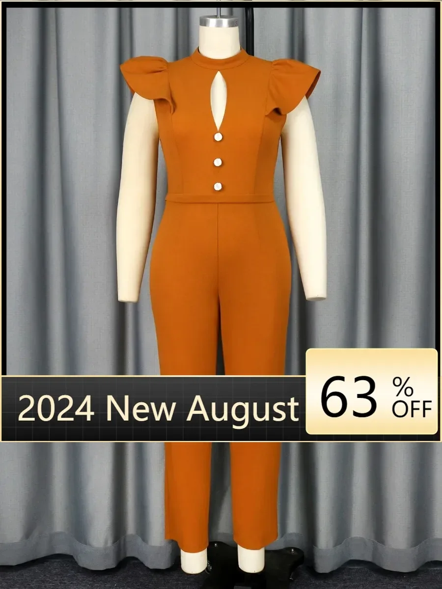 Women Brown Jumpsuit Sexy Cut Out Chest Slim Buttons Ruffles High Waist One Piece Formal Evening Event Rompers Plus Size