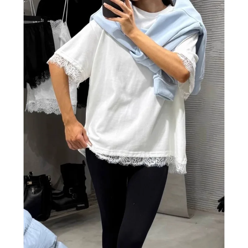 2026 Summer Lazy Wind Lace Splicing Short Sleeve T-Shirt Women's Summer Design Top