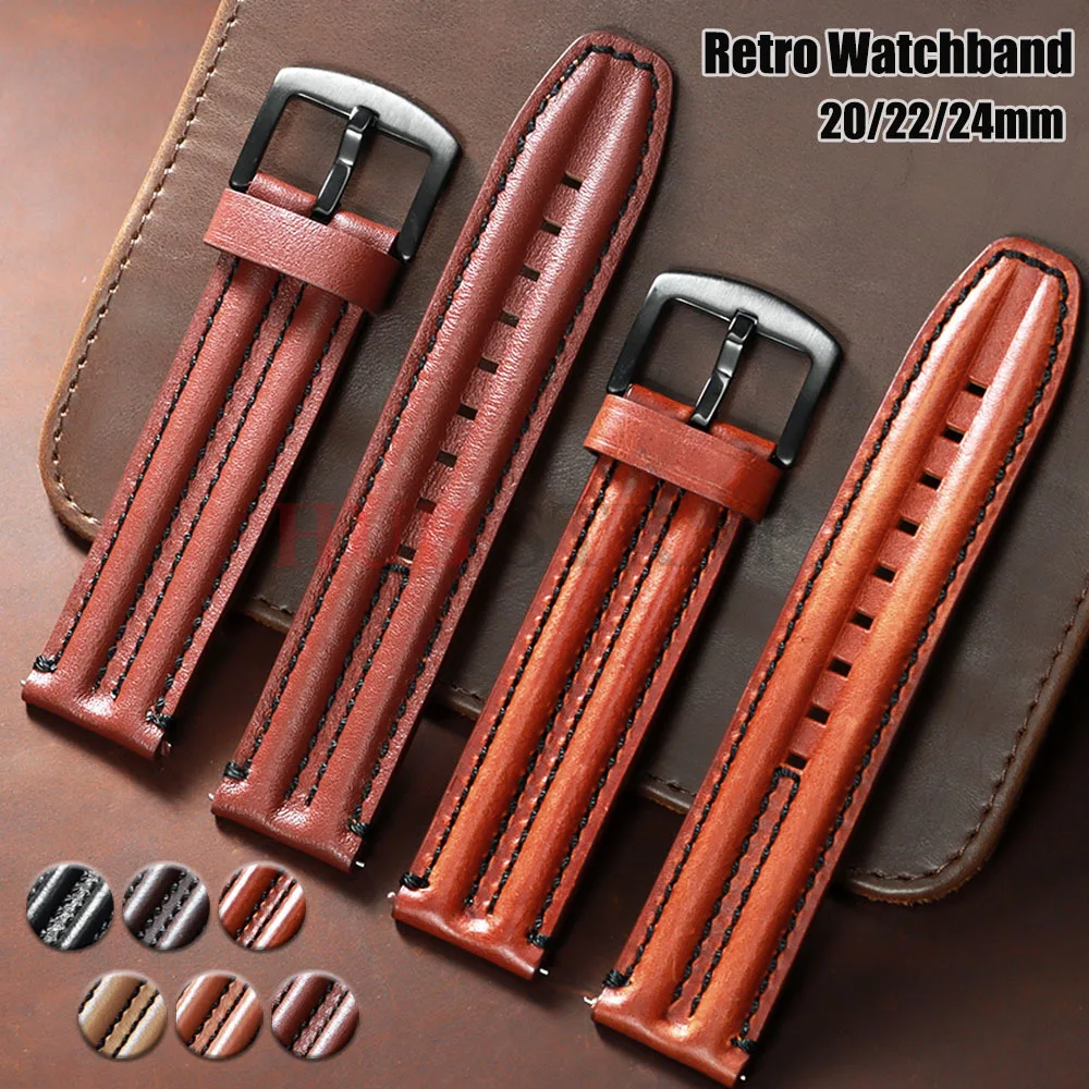 20mm 22mm 24mm Retro Echtes Rindsleder Uhrenarmband für Seiko Leder Robustes Doppelknochenband für Omega Männer Frauen Zubehör
