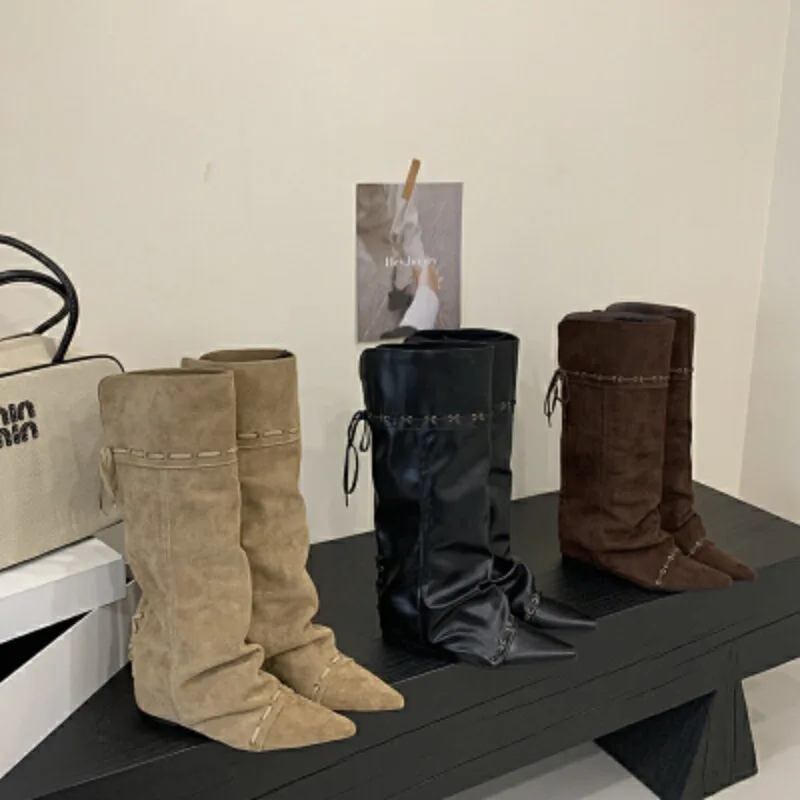 

Women High-end Retro Pleated Pointed Toe Mid-Calf Women Boots Suede Short Boots Fashionable Winter Style Rubber Sole Boots