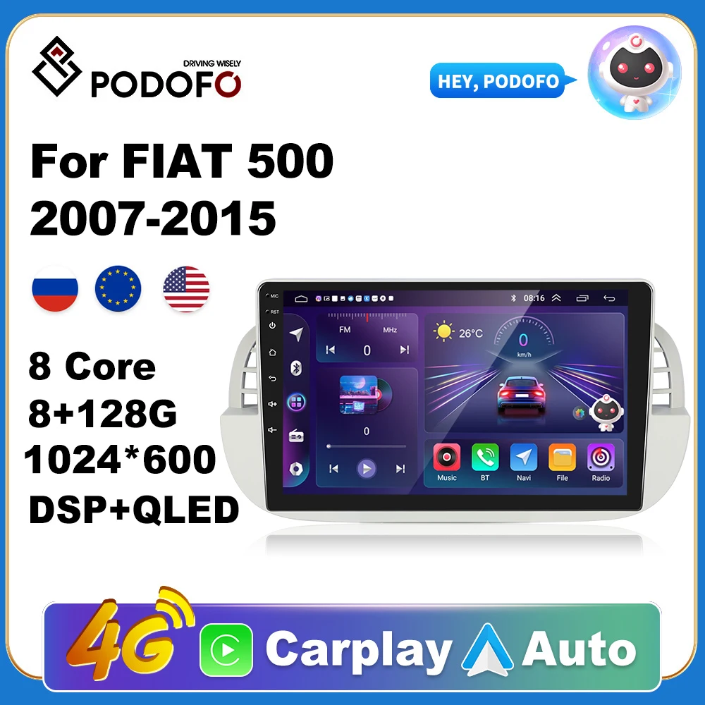 Podofo Wireless CarPlay Andorid Auto Car Radio For FIAT 500 2007-2015 AI Voice Multimedia GPS 2din autoradio no DVD