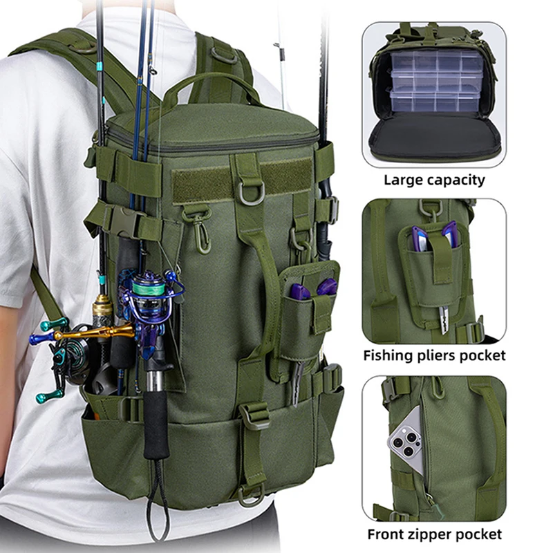 Multifunctional Fishing Rod Backpack Tactical Fishing Box Storage Molle Tackle Lure Shoulder Bag Outdoor Travel Hiking Handbag