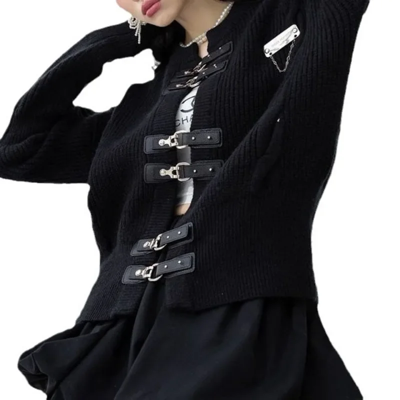 

Cardigan Jackets Women's Sudaderas Sueter De Mujer Korean Fashion Knitwears Leather Buttoned Sweater Coat Y2k Clothes Pull Femme