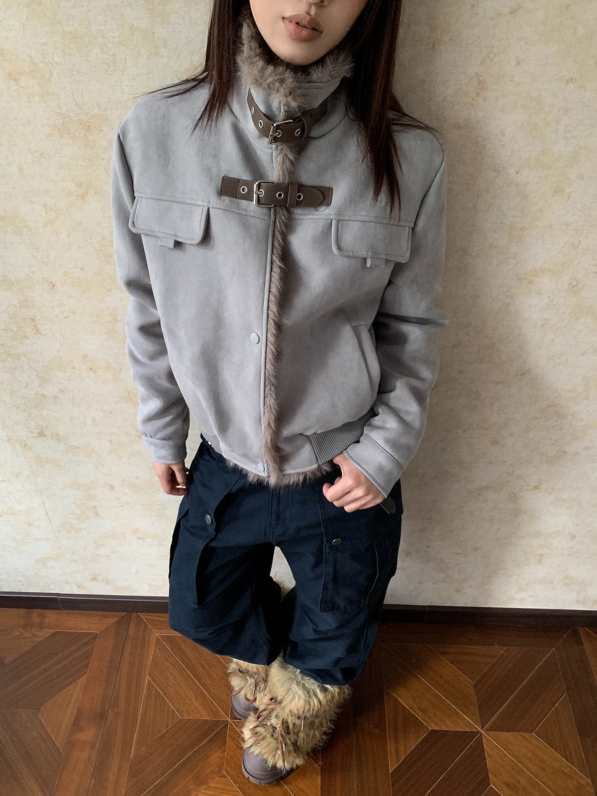 Jaqueta de Motocicleta Feminina Aket Americana de Camurça Forrada com Lã Quente, Casaco de Inverno Casual com Gola Alta e Ombro Curto