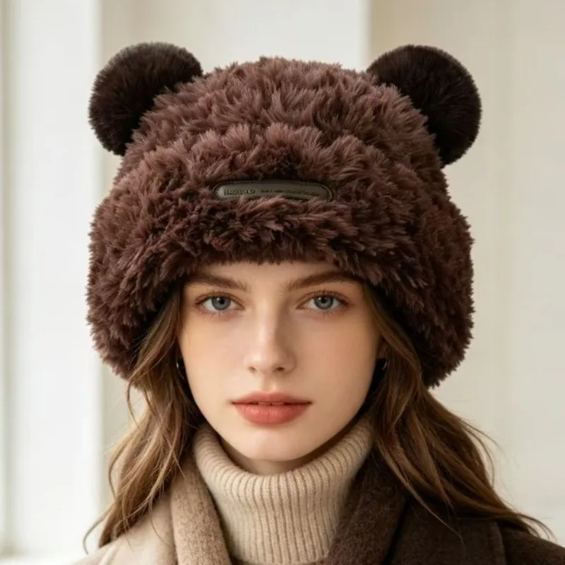 Winter Bear Plush Ear Protection Knitted Hat Women Cute Versatile Face Small Wool Warm Cap Big Head Fleece Lined Soft
