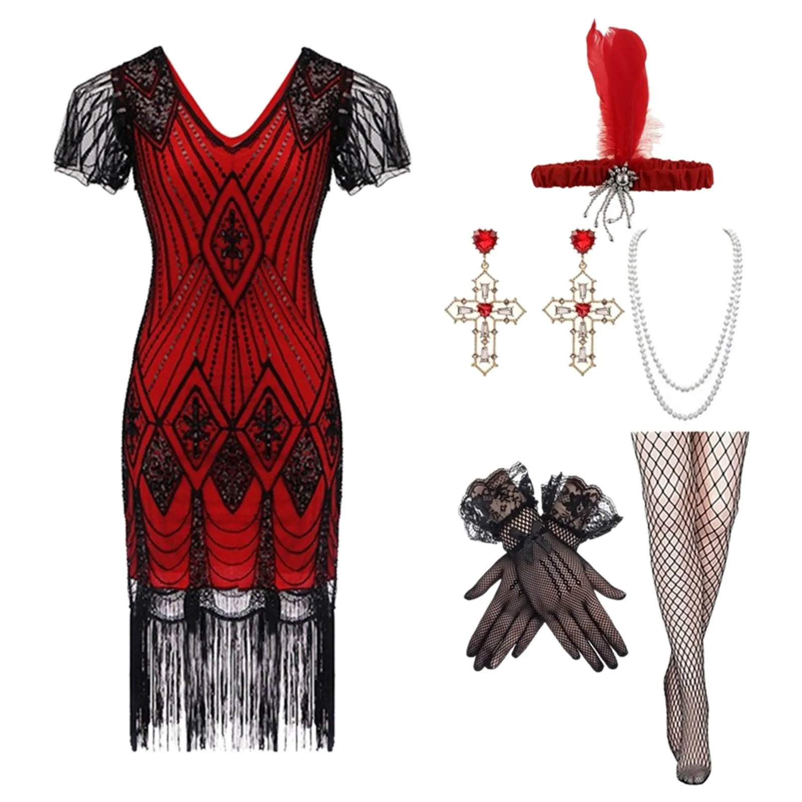 Women's Flapper Dresses 1920s Sequins Art Deco Gatsby Cocktail Dress with Sleeve Sexy V-neck Fringe Fancy Dress Vestidos