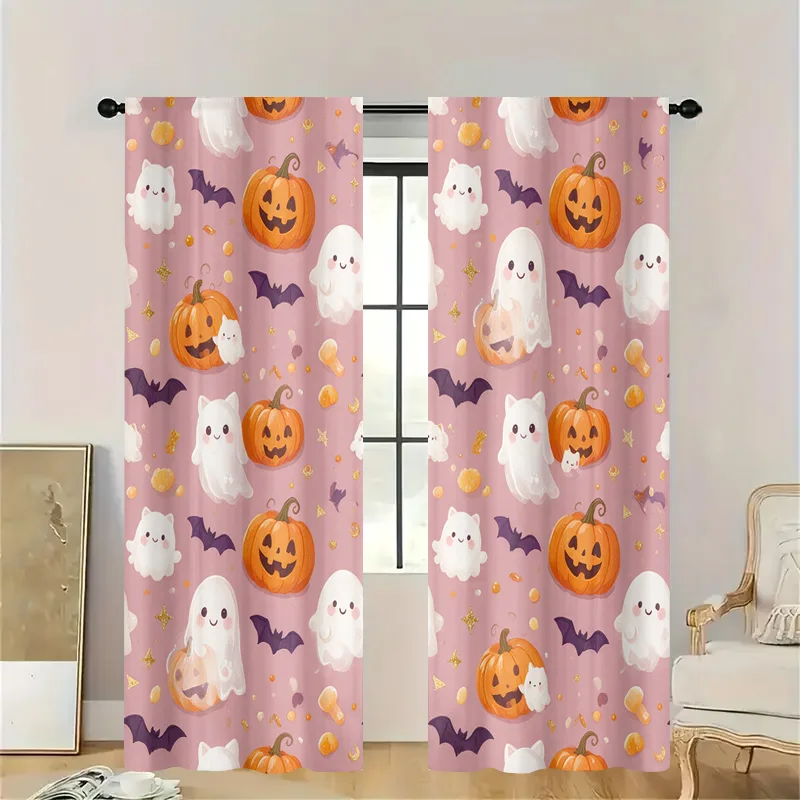Cute Halloween Window Curtains Drapes Ghost Pumpkin Bat Design Seasonal Fall Autumn Sheer Lightweight Living Room Decor Panels