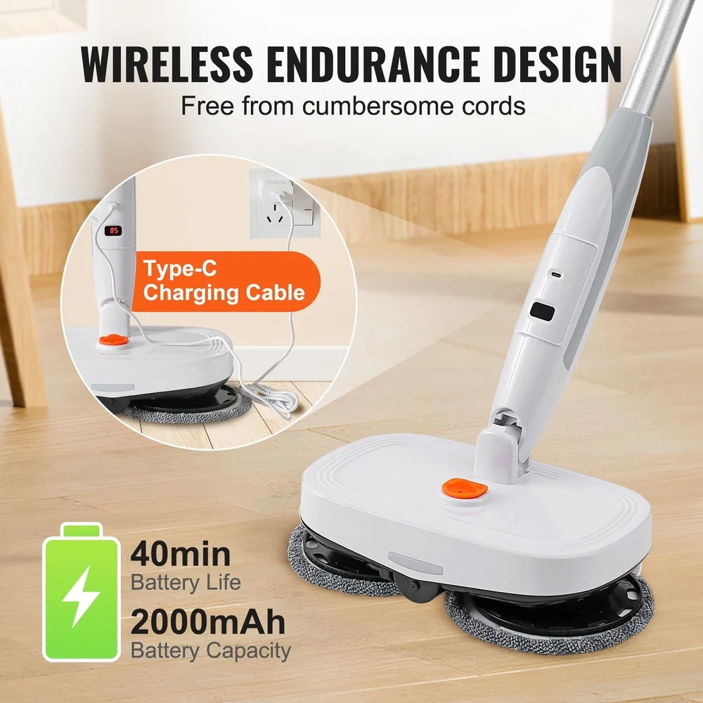 Wireless Electric Sweeper Cordless Mop with LED Light 40 Minutes Battery Life Rotating Head Spray Cleaning Solution Floors