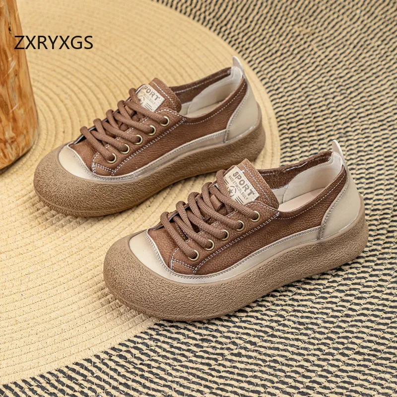 ZXRYXGS Top Layer Cowhide Single Shoes Women Sneakers 2024 New Lace Up Real Leather Sneakers Platform Increase Trend Shoes