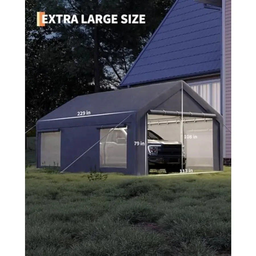 Portable garage for temporary paint booth, boats pickups shed, event shelter; 200 g PE tarp canopy; gray; roll-up doors windows