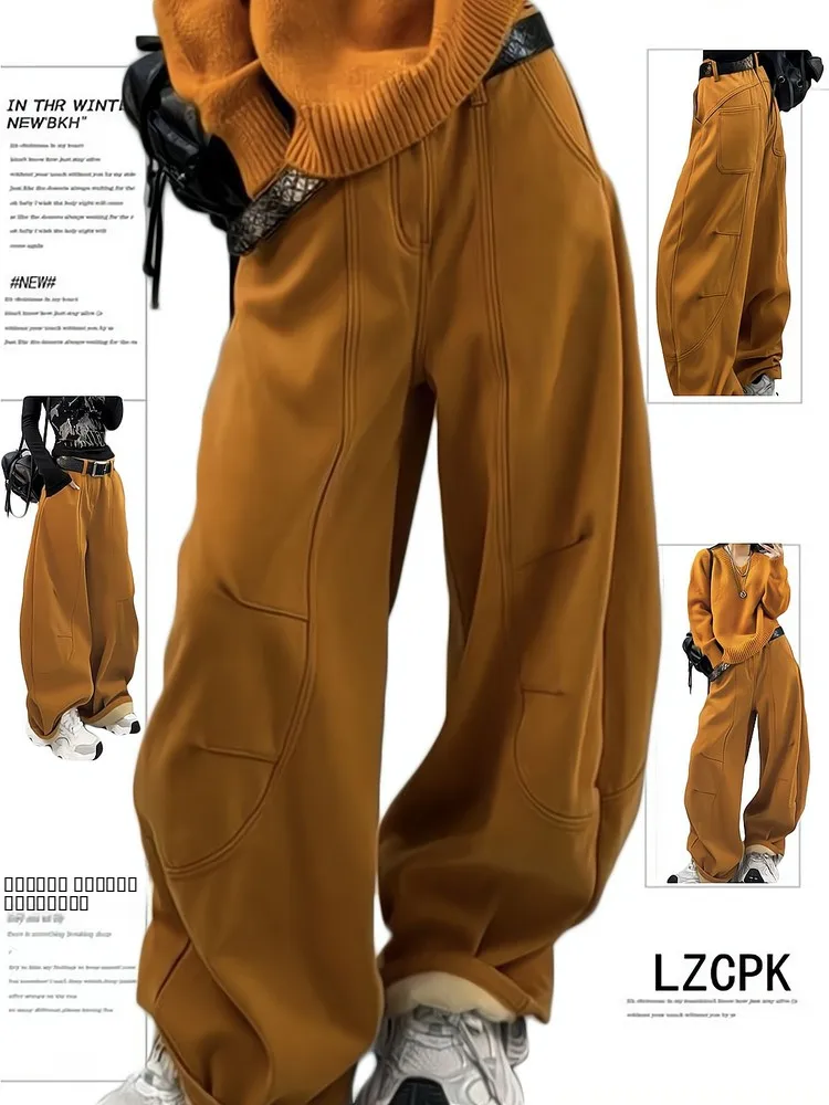 

Американские джинсы с высокой талией и широкими штанинами для женщин, зимние, новые, в корейском стиле, свободные, стройнящие, повседневные, в пол, модные