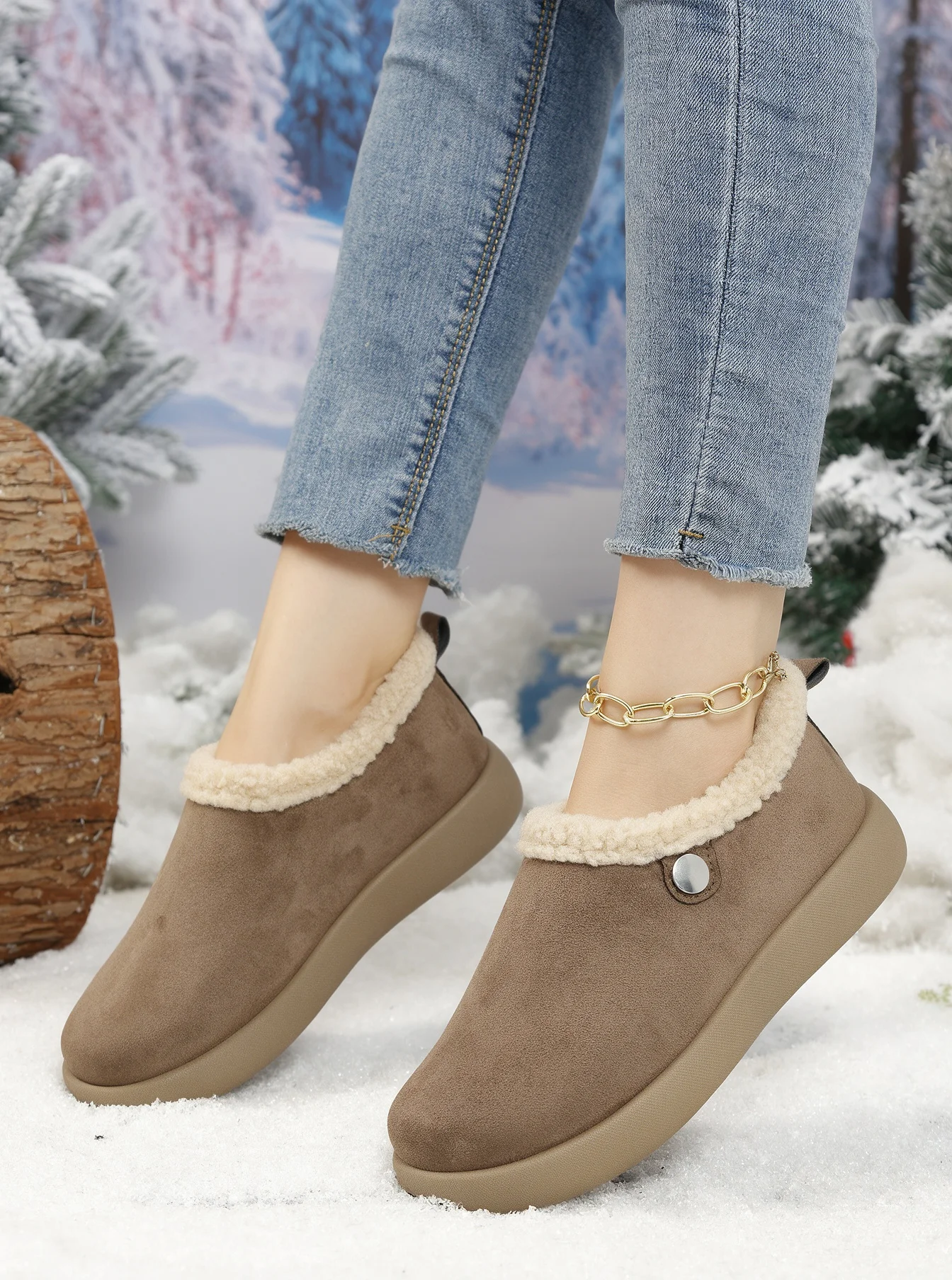 Damen-Winterstiefeletten, aus Kunstlederimitat, mit Teddy-Fleece-Futter, zum Hineinschlüpfen, warm, mit runder Spitze, rutschfester, dicker Sohle, im Retro-Stil, Baumwollstiefeletten. – Detail 7