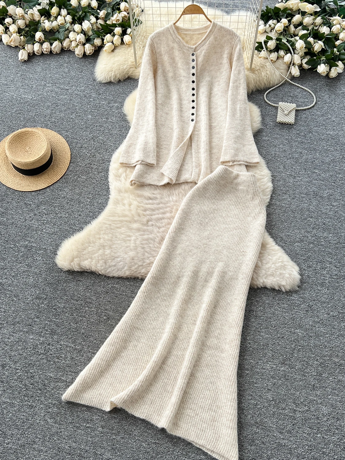 

Вязаный повседневный свободный длинный женский осенне-зимний комплект с высокой талией, длинное пальто на одной пуговице и юбка f